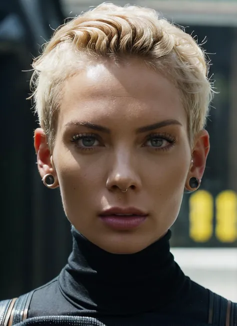 a close up of a woman with a short blond hair