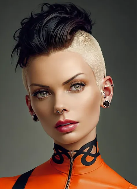 a woman with a shaved head and piercings wearing an orange leather jacket