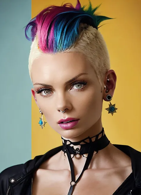 a close up of a woman with a colorful mohawk and piercings