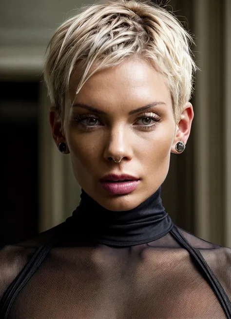 a close up of a woman with a very short blond hair