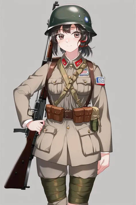 a woman in uniform holding a rifle and a rifle