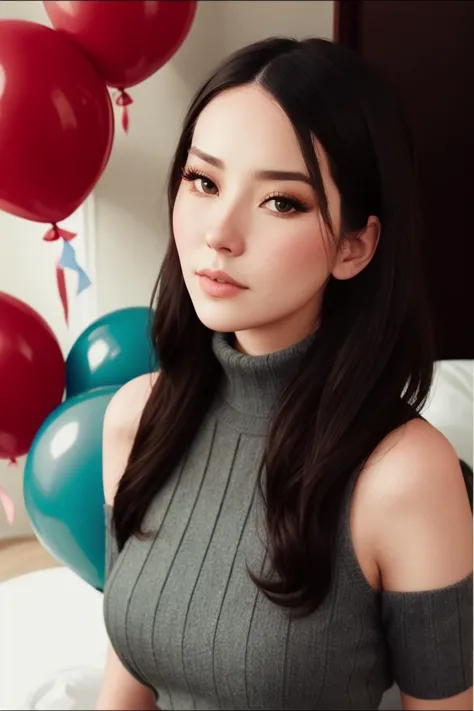 a close up of a woman with long hair and a turtle neck top