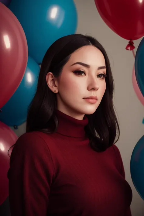 a woman in a red turtle neck sweater standing in front of balloons