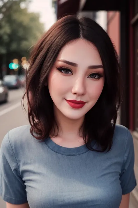 a close up of a woman with a blue shirt and red lipstick