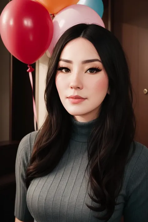 a woman with long black hair and a gray turtle neck top