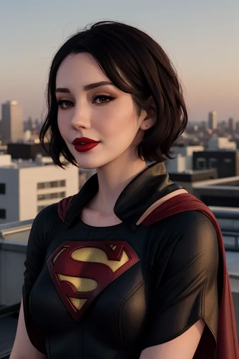 a woman in a black superman suit standing on top of a building