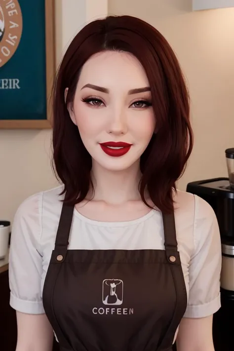 a close up of a woman with a black apron on