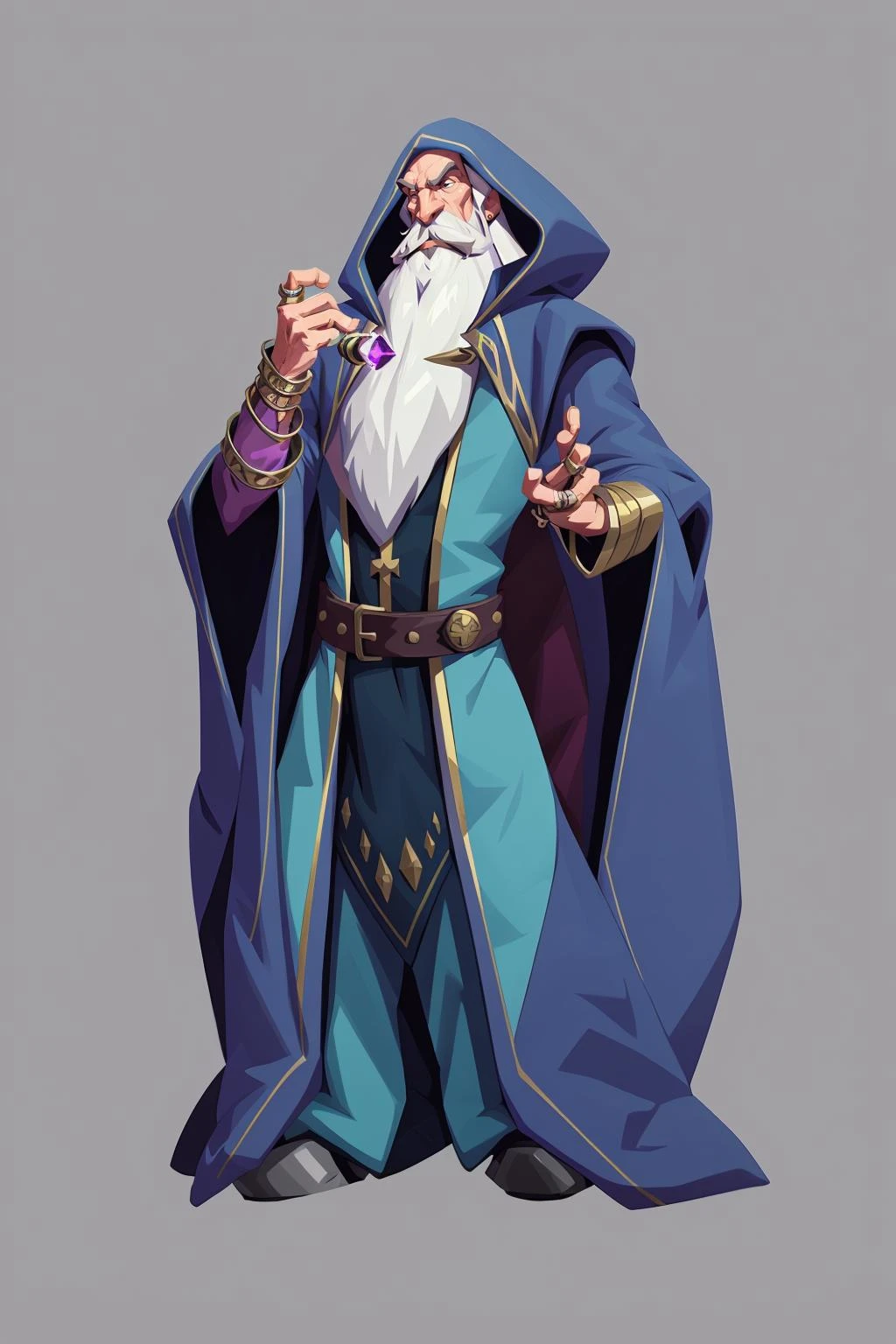 mstoconcept art, european and american cartoons, game character design, solo, 1boy, MAGICIAN, MALE FOCUS, BEARD, FACIAL HAIR, SIMPLE BACKGROUND, GRAY BACKGROUND, WIZARD, FULL BODY, STANDING, HOOD, ROBE, OLD, JEWELRY, WHITE HAIR, BRACELET, WIDE SLEEVES, OLD MAN, BELT, GEMSTONE, LONG SLEEVES,