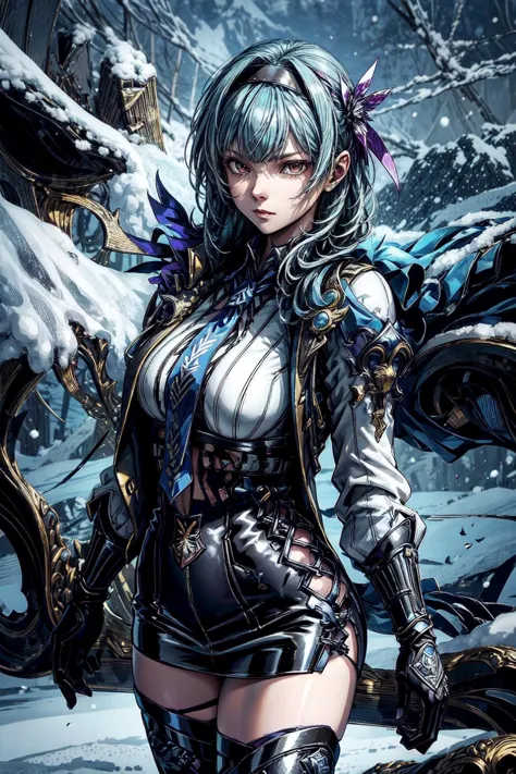 thick outlines, comics, photorealistic, perfect hands, masterpiece:1.2, snow, mountain, lake, ice, colorful, standing, 1 girl, solo, <lora:StardustModel:1>, pikkyeula, blue hair, bangs, medium hair, yellow eyes, purple eyes, hairband, hair ornament, black hairband, necktie, thighhighs, long sleeves, blue necktie, black gloves,  detailed background, detailed face, detailed eyes, <lora:add_detail:0.8>