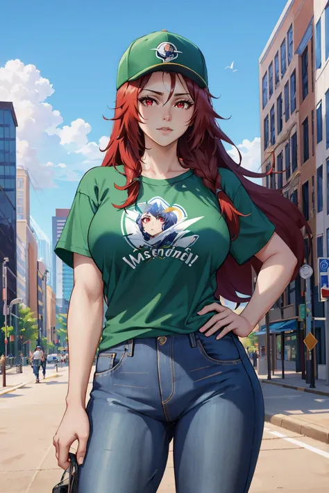 a woman in a green shirt and jeans standing on a city street