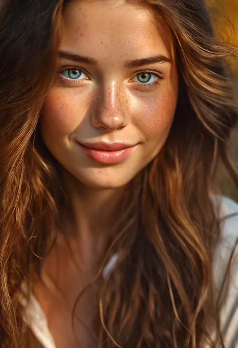 Young beautiful woman, long hair, elegant, too beautiful, highly detailed deep colours  highly realistic, natural skin, light freckles, beautiful, full lips, a minuscule amount of clothing, smiling, feeling of lightness and joy, hyperrealism,