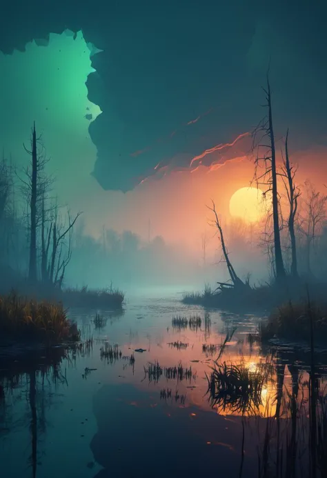 artistic swamp with mystic fog, water on the foreground, from horror movies, dark atmosphere, artstation, low poly vegetation, f...