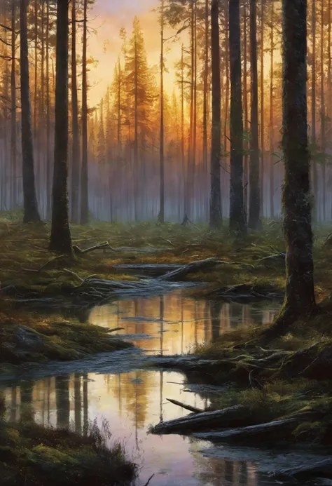 masterpiece, mdjrny-v4 style concept art of a canadian forest swamp at dawn, detailled painting in Brooding landscapes, epic sca...