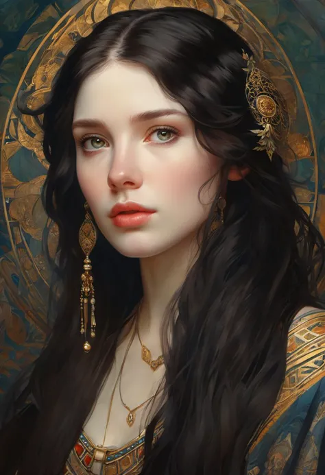 a painting of a woman with long hair and a gold headpiece