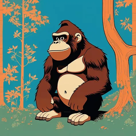 there is a cartoon gorilla sitting in the grass near a tree