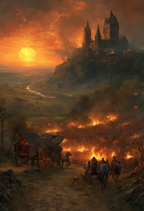 a painting of a castle on a hill with a fire in the background