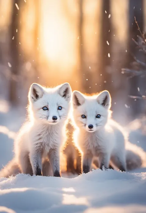 two white foxes sitting in the snow with the sun shining behind them