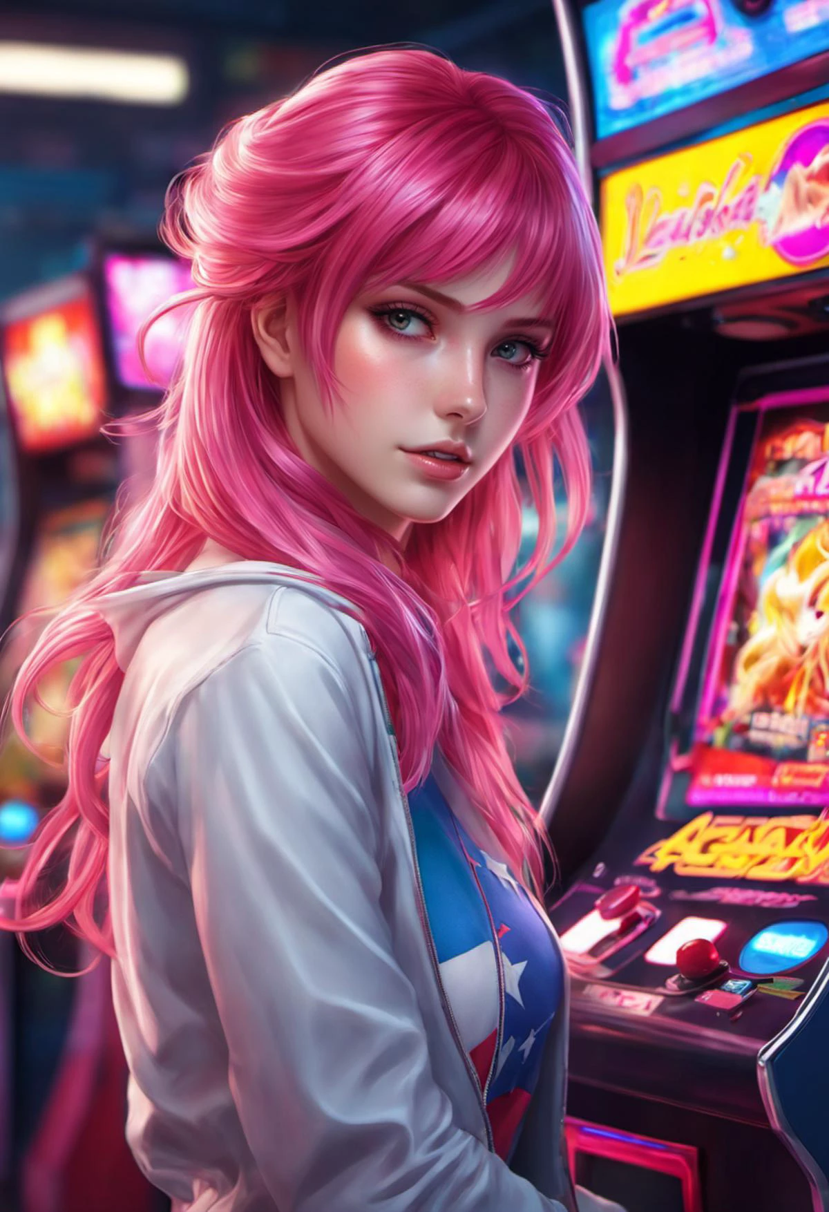 游戏厅里的粉色头发的 Asuka LangleySoryu, artgerm 制作的精美动漫艺术, ((8千)) 