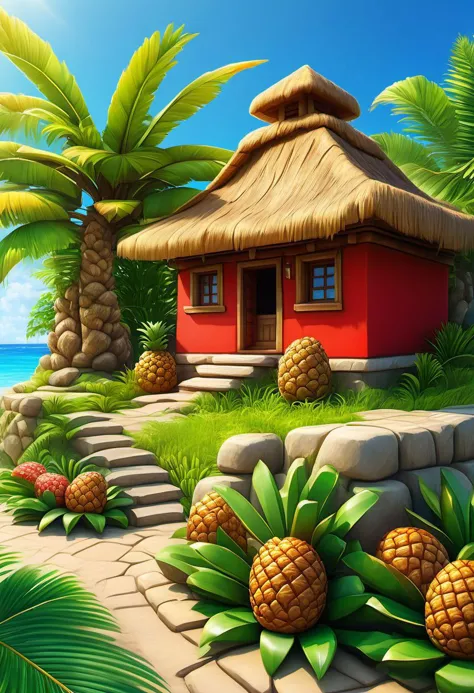 a cartoon tropical house with pineapples and palm trees