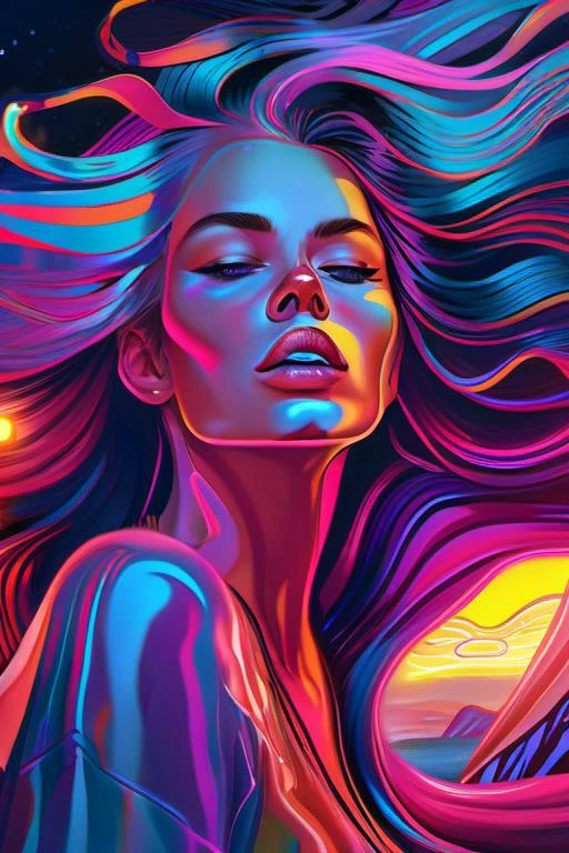 LSD-Traum, künstlerisch, lebendig, Extrem detailliert, Meisterwerk, 1 Frau, tolles Gesicht, wildes und schönes Haar weht im Wind, Neonlichter, 
