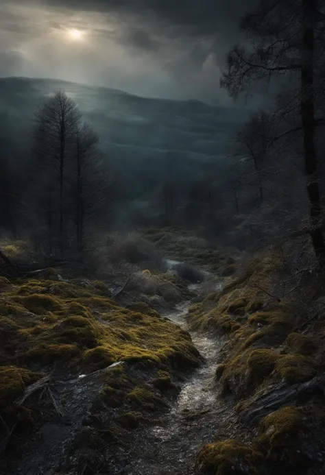 a dark and eerie landscape with a stream running through the grass