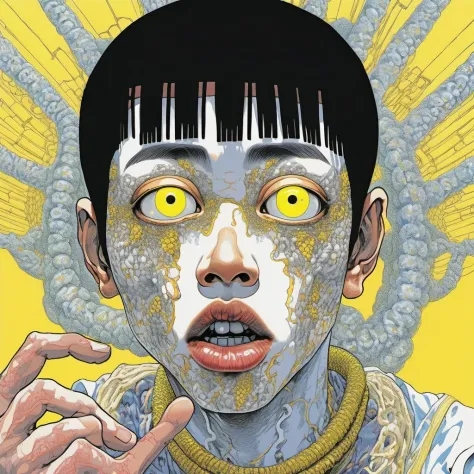 arafed man with a strange face and a strange hand,tryptamine,highly detailed backmouth,yellow pupils,shintaro kago,is essentiall...