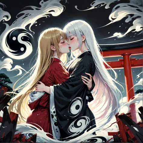 realistic anime art style, realistic art style realistic anime art style,realistic art style 2girls like sun and moon,yin yang orb,blushing,<lora:french_kiss_xl_v1:0.8>,french kiss,(one with golden hair and red dissolving kimono),(one with white hair and black dissolving kimono),hug,
background japanese torii,landscape,detailed background,wallpaper,incredibly absurdres,long hair,dissolving_clothes,<lora:anime_sdxl_v2:0.8>,anime,<lora:DonMD4rkT00nXL:1>,realistic anime art style,