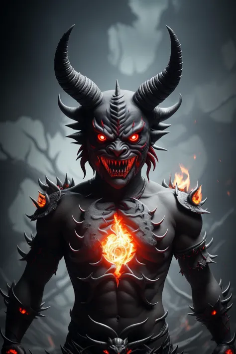 3d render of a scary ONI creature with a devil mask and long horns, (long flowing white-silver hair), (glowing red eyes), distur...