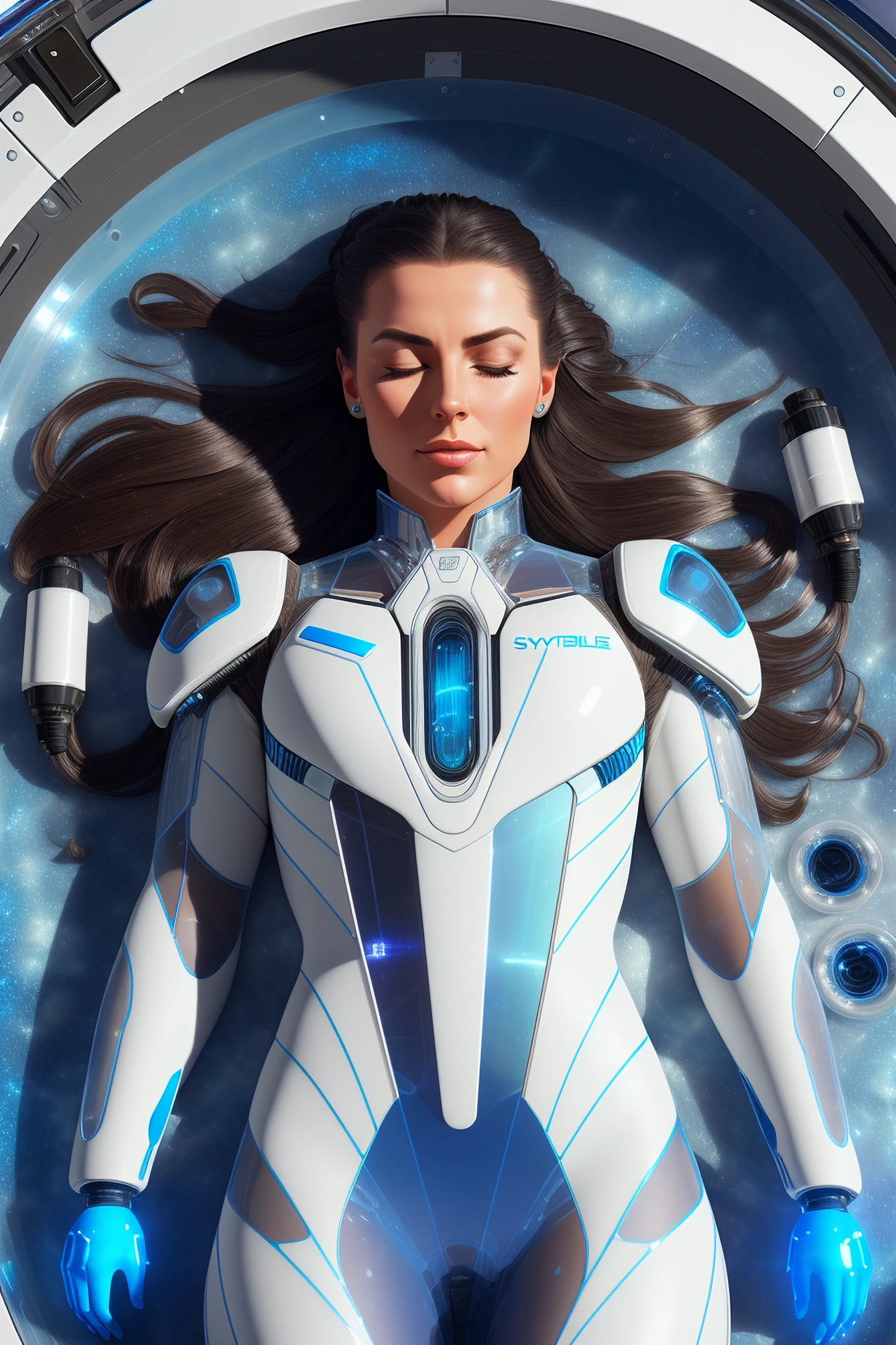 (gorgeous realistic brunette female with flowing hair on a space station), ((sleeping in futuristic cryopod bed with display and glowing control surfaces)), ((eyes closed sleeping)), ((scifi circlet on head)), weightlessness, (photorealistic), (in white and dark blue vinyl), (((transparent biosuit bodysuit))), ((with sensors and tubes:1.4)), ((Style-Glass)), (nipples), hdr, antialiased, 8k, ((syd mead)), sharp details, ((masterpiece)), dramapaint