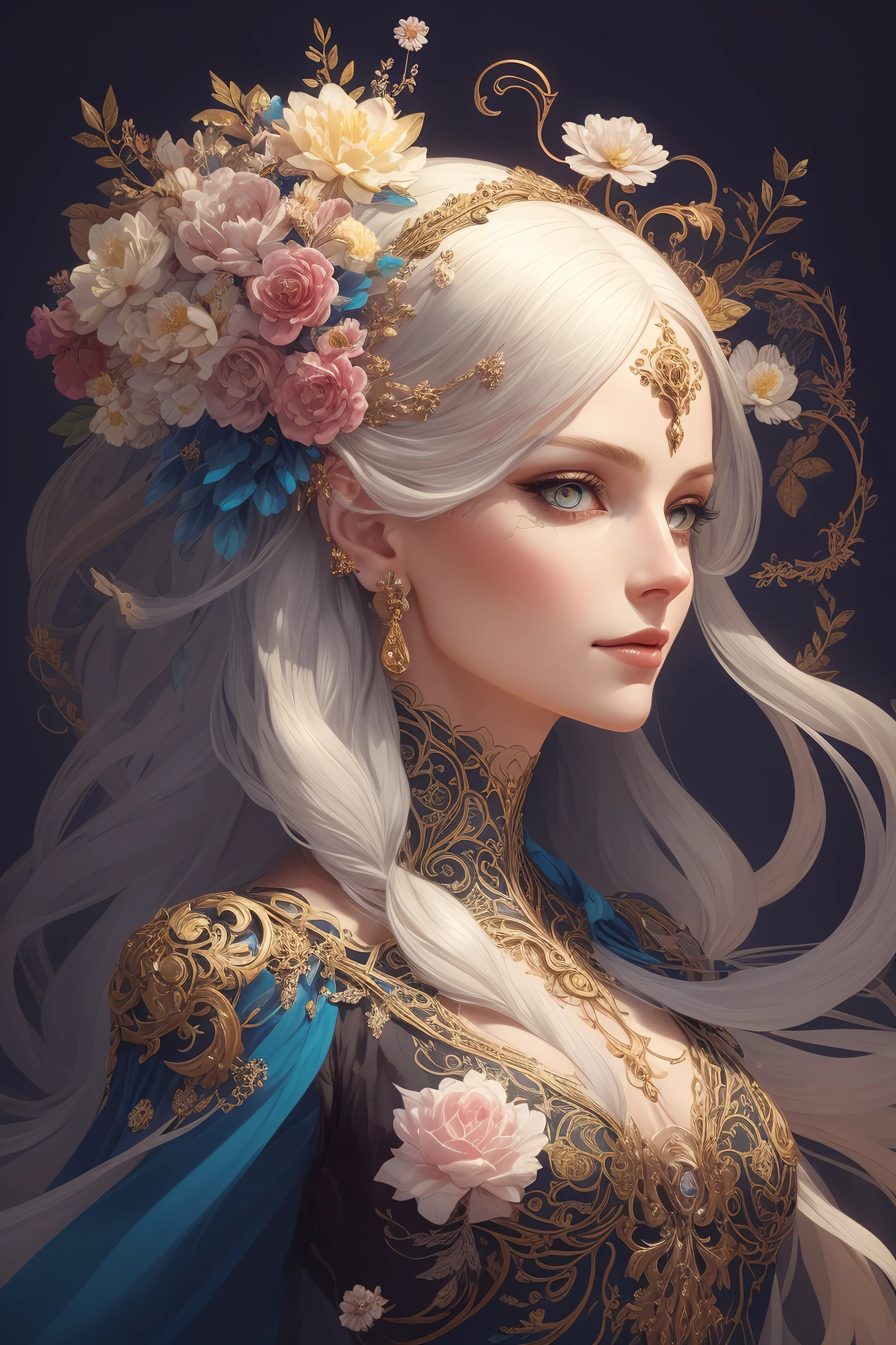 (esqueleto como:0.4), ((female florido princess)), (con cabello largo y blanco), (ojos hermosos y brillantes), tendencia en Artstation, Flores de esperanza de Jean-Honor Fragonard., Peter Mohrbacher, hiper detallado, detalles locos, Impresionante, Intrincado, élite, Art Nouveau, florido, cera liquida, elegant, lujo, Greg Rutkowski, estilo de tinta, pegatina, hermoso diseño de personajes de arte vectorial, tiro de doble exposición, diseño luminoso, premiado, Obra maestra, fondo negro amoled,