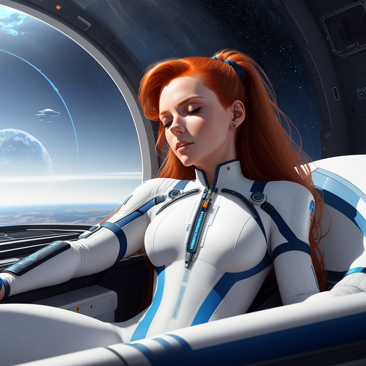 (空间站上一位美丽而逼真的红发女性，长发飘逸), ((睡眠 in futuristic cryopod cushioned bed with display and glowing control surfaces)), (((eyes closed 睡眠))), ((睡眠)), ((头上的科幻头环)), 失重, (真实感), (白色和深蓝色乙烯基), (((透明生物连体衣))), (带传感器线束和连接管:1.0), ((风格-玻璃)), (乳头), 人类发展报告, 抗锯齿, 8千, ((西德·米德)), 清晰的细节, ((杰作)), (戏剧绘画),