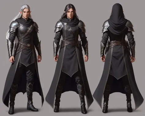 Character design sheet page scan, concept_art, by Greg Rutkowski and Andrey Shishkin, male half-elf rogue, long white hair, with a long black cloak and black leather clothing with metal trim, daggers across the chest, sneaky, handsome, elite, thieves guild...