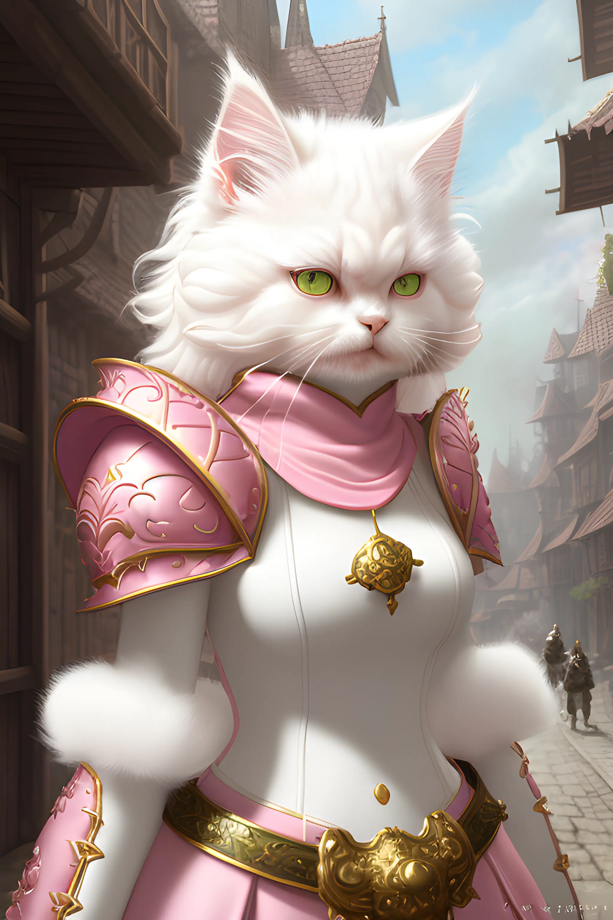 Portrait of a female white furred persian cat tabaxi person, in a pink thief leather armor , realisic render, Dungeona and Dragons, Fantasy, octane render, zbrush. Character design, photorealistic, unreal engine, hyper-detailed, concept art, trending on art station. ((best quality)), ((masterpiece)), ((realistic)), (detailed), full body portrait, close up, female white furred persian cat tabaxi, green eyes, wearing ornate fantasy pink armor, highly detailed fur, looking at the viewer, Fantasy art, stunning gradient colors, no watermark signature, closed mouth, detailed background, town, alley, dark alley, closed mouth, insanely detailed, , ((masterpiece)), absurdres, HDR