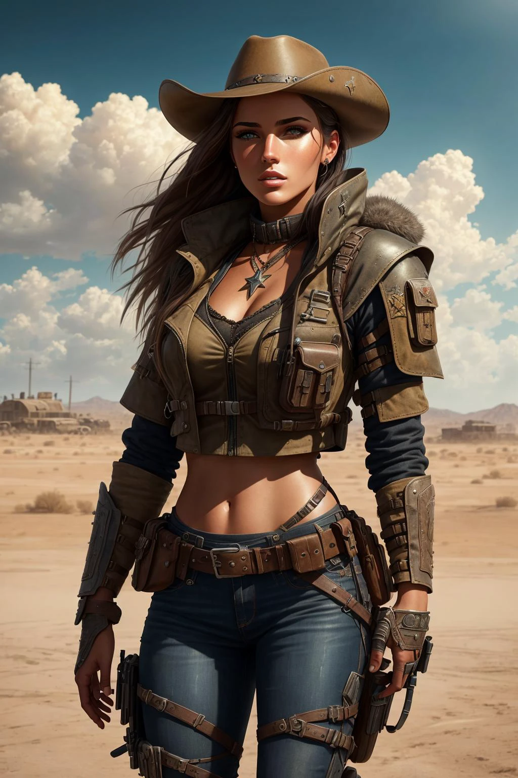 Create a cinematic, filmic image ((best quality)), ((masterpiece)), ((realistic)) of [post nuclear town] in [fallout style], with [detailed linework], [dynamic shading], and [rich colors]. Show [young caucasian woman] [Desert Ranger] named [AnjelikaV2:1.5] and her [full body], with [expressive facial features] and [fluid body movements], and close attention paid to [costume design] and [background details]. The art style should capture the [post-apocalyptic setting] of the image.
Create an [ultra-realistic], [high-resolution] image of [soldier] [mercenary] [exploring] [american] [desolated city] before the [storm], with the [hot summer sun] still shining brightly in the sky, but in the distance, the sky is a [dark and foreboding shade of blue], hinting at an impending storm. [Tumbleweeds] rolling in the distance.
Her face is covered in [dust] with windswept hair cascading [loosely]. Her eyes with [black eyeliner] and [smokey eye shadow] have long, full eyelashes that add to her feminine charm. She wears a [bandolier], [uzipped] [rugged black leather armor] showing her [cleavage] and [tactical vest:1.2], [old jeans] accentuating her [slim body] and [black wide-brimmed cowboy hat] with metal [texas ranger star], [knee pads] and [short leather boots] that provide both style and function and [holding weapon], [holding gun], [assault rifle:1.2].
Aim for a [photorealistic] portrayal that captures the [essence] of her character, with [intricate details] that capture every nuance of her form. The overall mood of the image should be [post nuclear], [post-apocalyptic], with a sense of [melancholy], [loneliness], and [desolation], showing the complete scene with her [full body]  > 