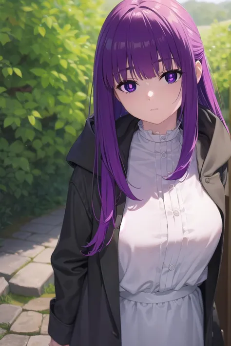 anime girl with purple hair and purple eyes standing in front of a fence