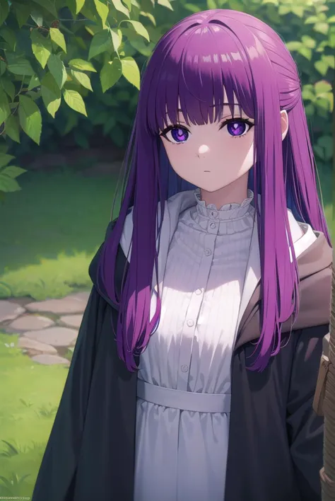 anime girl with purple hair and long purple hair standing in front of a tree