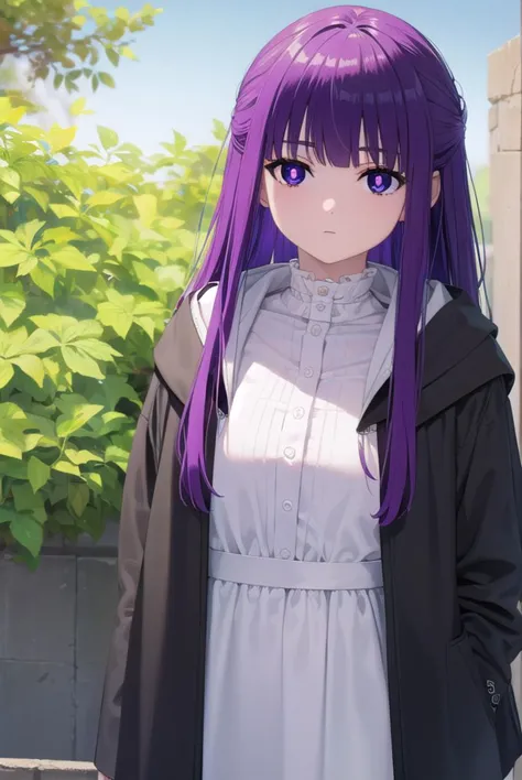 fern, <lora:fernv2-lora-nochekaiser:1>,
fern, long hair, bangs, (purple eyes:1.1), purple hair, sidelocks, blunt bangs, (bright pupils:1.5), half updo,
BREAK shirt, dress, jacket, white shirt, open clothes, hood, white dress, hood down,
BREAK outdoors, sky, nature,
BREAK looking at viewer, (cowboy shot:1.5),
BREAK <lyco:GoodHands-beta2:1>, (masterpiece:1.2), best quality, high resolution, unity 8k wallpaper, (illustration:0.8), (beautiful detailed eyes:1.6), extremely detailed face, perfect lighting, extremely detailed CG, (perfect hands, perfect anatomy),