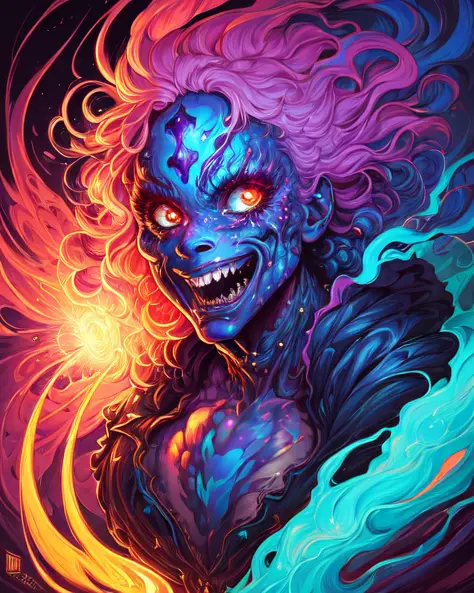 Highly detailed (Dan Mumford:1.2) portrait of a adorable ghost woman with round, opaque colorama colored rainbow rgb skin color,...
