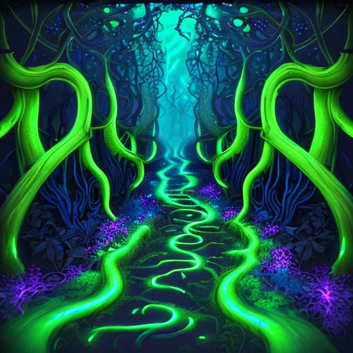 bioluminescent painting of a trail that leads to the center of the ...