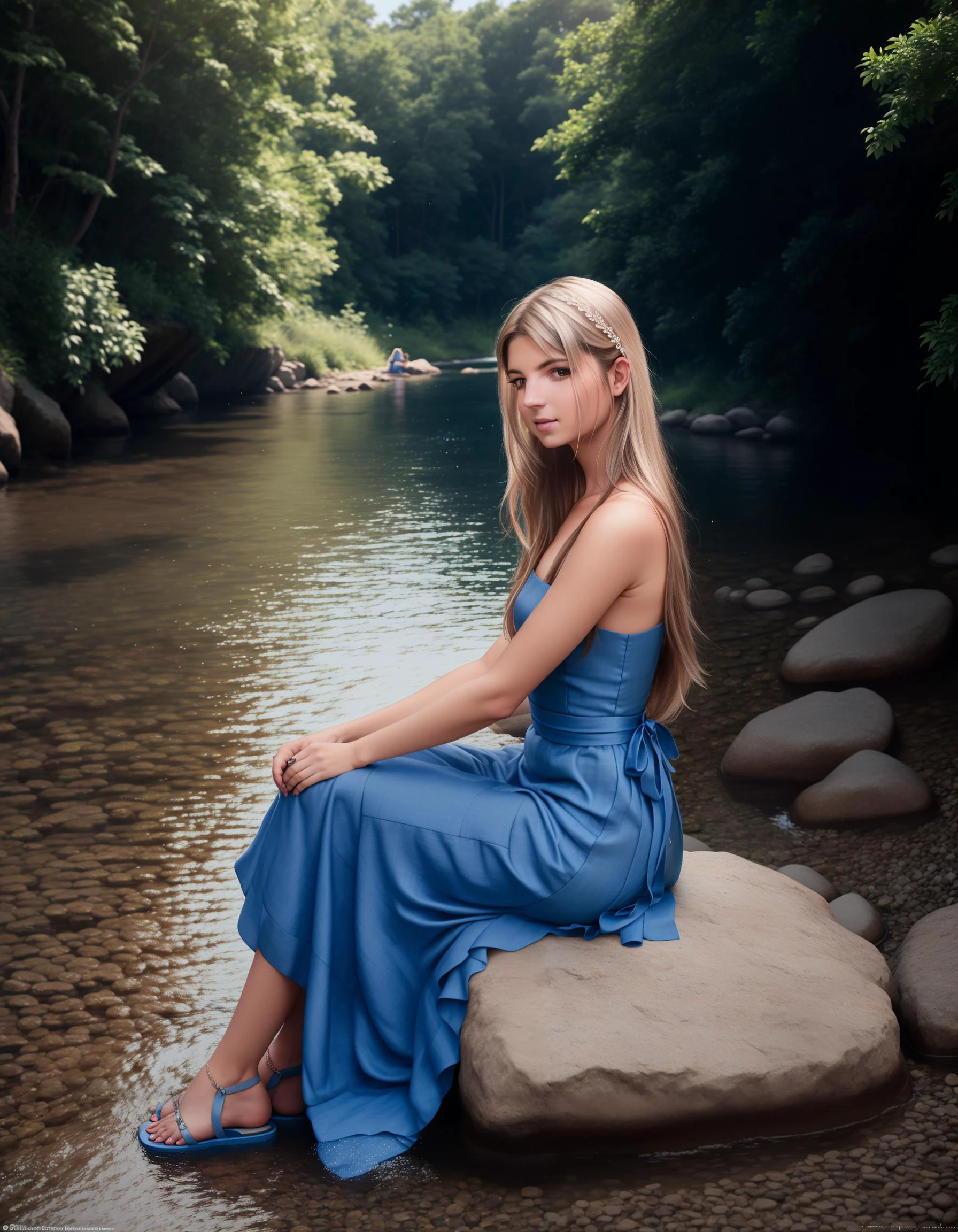GinaGerson, Frau,
Vixen sitzt auf einem Felsen am Fluss, ihr langer Schwanz wedelt im Wasser. Sie beobachtet die vorbeischwimmenden Fische, und sie sieht friedlich und gelassen aus. Sie trägt ein blaues Kleid aus Leinen. Das Kleid ist schlicht und elegant, und es lässt sie aussehen wie eine Prinzessin. Dazu trägt sie ein Paar Sandalen aus Leder.