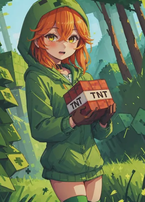 cupa_minecraft, 1girl, solo, standing, close up, green_hoodie, green_legwear, brown_gloves, minecraft forest, holding tnt block <lora:cupa_minecraft_v0.0:0.7> <lora:Masterpiace:0.8>