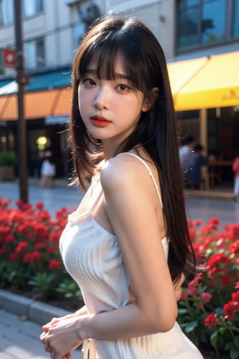 a close up of a woman in a white dress standing on a sidewalk