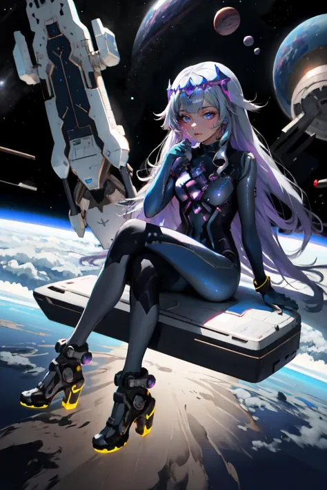 anime girl sitting on a skateboard in space with spaceships in the background