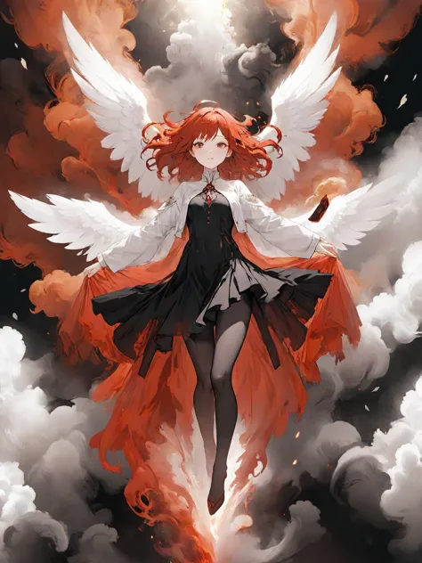 an anime girl with red hair and white wings flying through the air