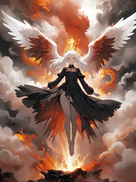 a woman in a black dress with wings flying through the air