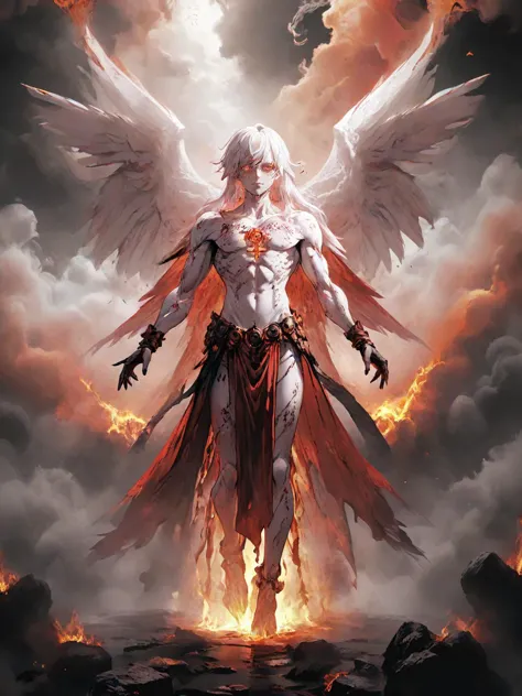 a digital painting of an angel with wings and a red cape