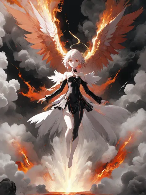 a woman with white hair and wings flying through the air