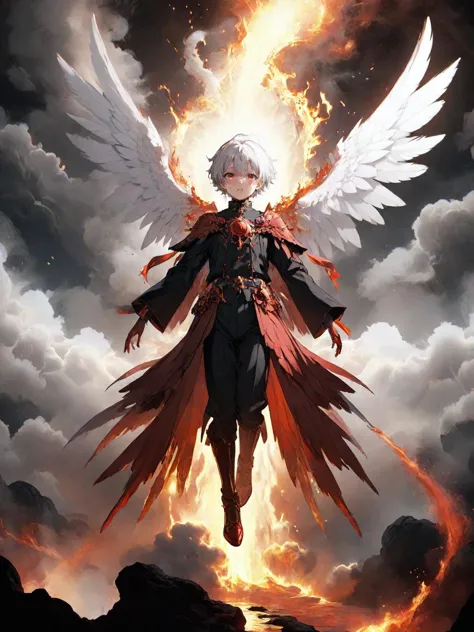anime artwork (full body shot:1.5), (1boy:1.4) floating in the air, covered with black oil and red paint,surrounded by smoke, li...