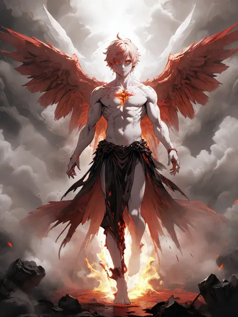 a man with wings and a sword standing in front of a fire