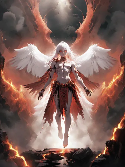 a woman with white hair and wings standing in front of a fire